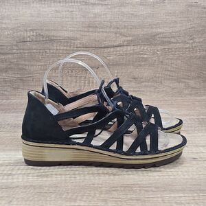 NAOT Yarrow Women's Size EU 37 US 6 Black Lace up Gladiator Wedge Sandals